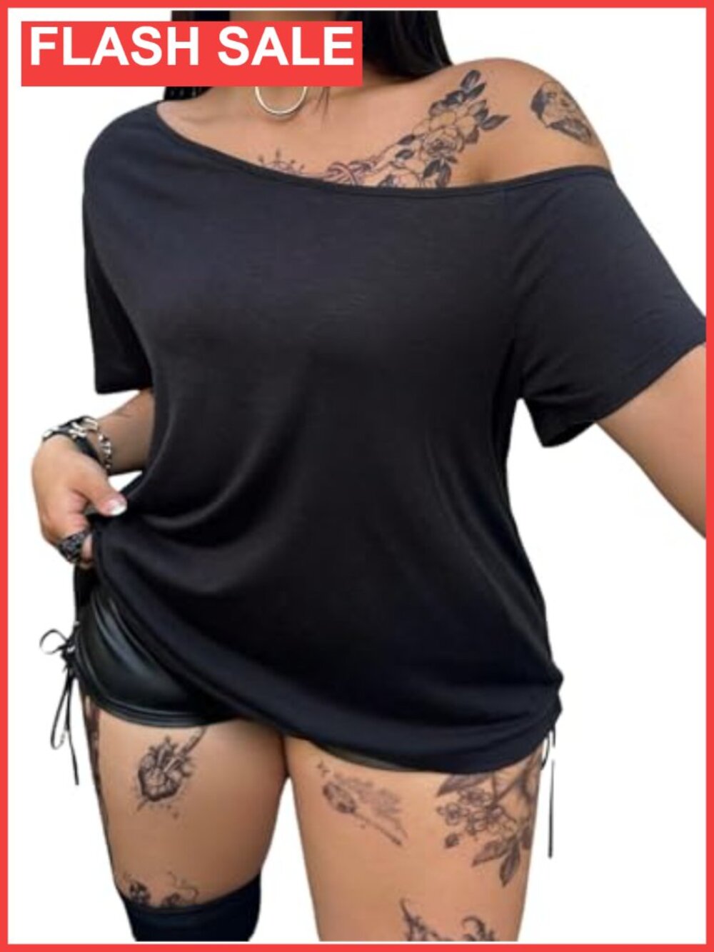 Plus Size Cut Out Gothic Off Shoulder Y2K T Shirt Asymmetrical Neck